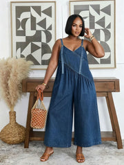 Plus Size Patchwork Washed Denim Sling Wide Leg Jumpsuit GYLN 6441