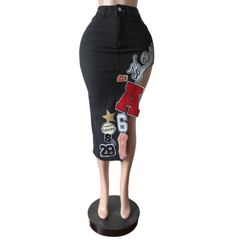 Retro Letter Embroidered Denim Skirt MEM 88657