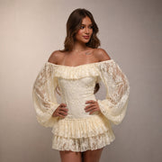 Lace Patchwork One Shoulder Lantern Sleeve Mini Dress GPKJ MR49975