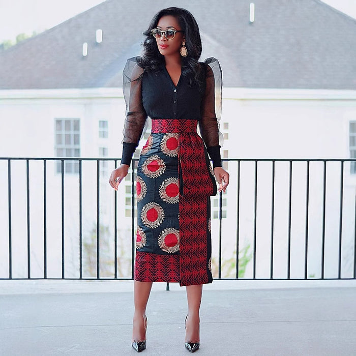 Plus Size Print High Waist Split Long Skirt NY 10925