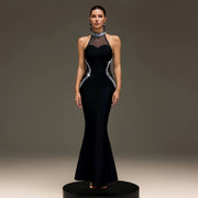Halterneck Hot Drill Mesh Maxi Dress BY 7737