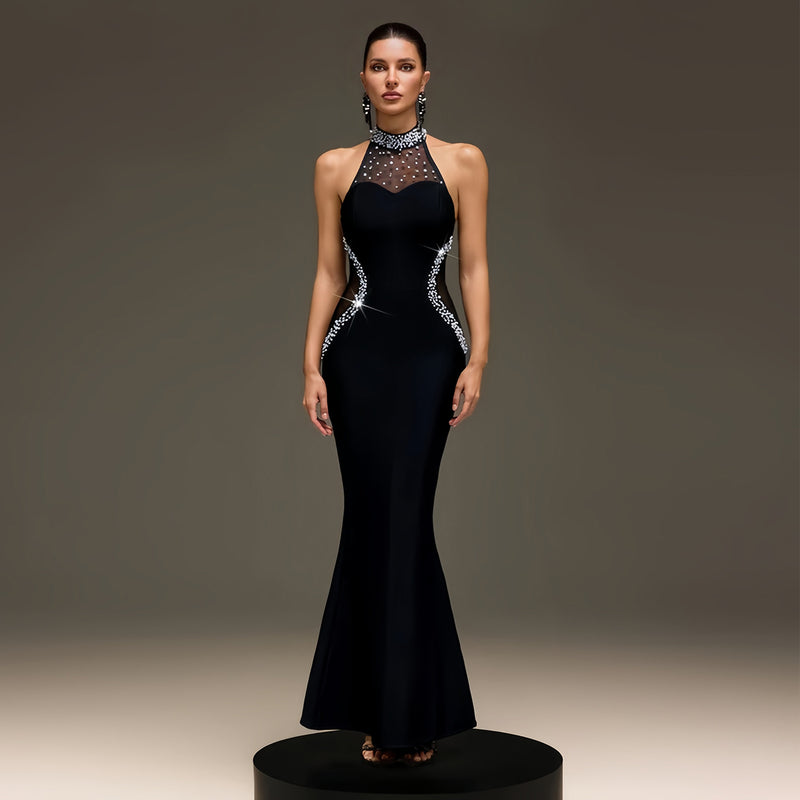 Halterneck Hot Drill Mesh Maxi Dress BY 7737