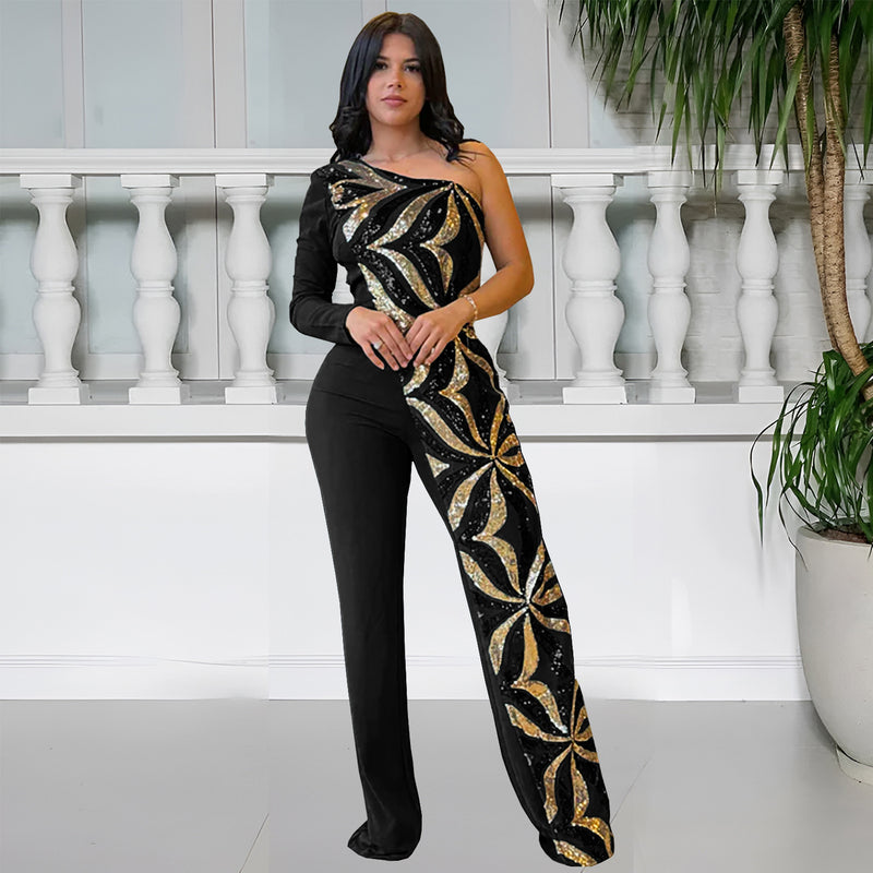 Single Shoulder Long Sleeve Sequin Jumpsuit BY 7301