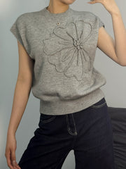 Embroidered Knit Solid Color Sleeveless Tops GQNF Y00082TM