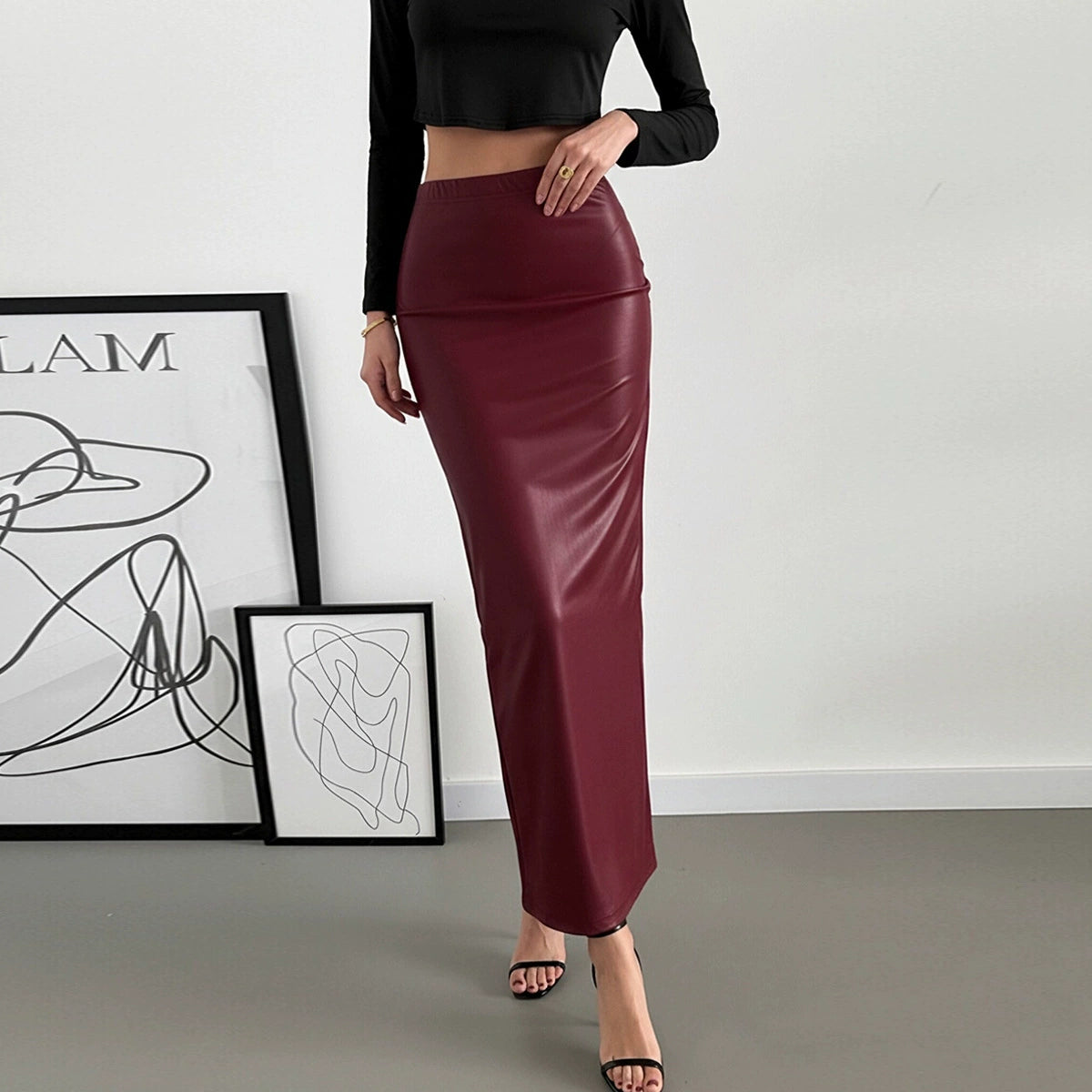 Retro Faux Leather Long Skirt GNZD 060165DBZ
