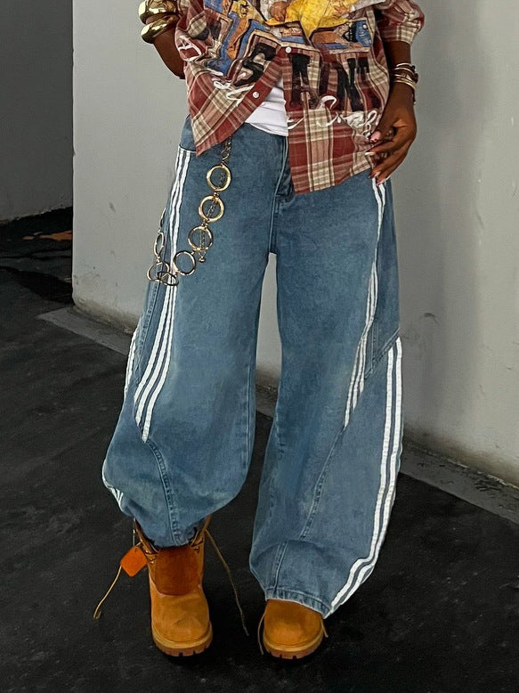 Plus Size Stripe Patchwork Loose Jeans GYLN 0775