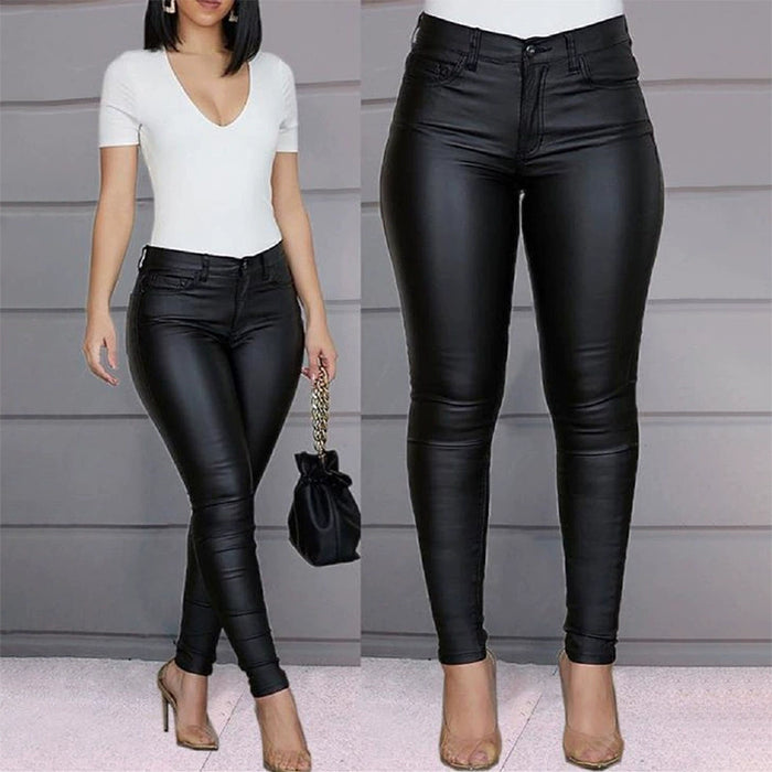 Plus Size Solid Color PU Leather Casual Pants GWTC W0314