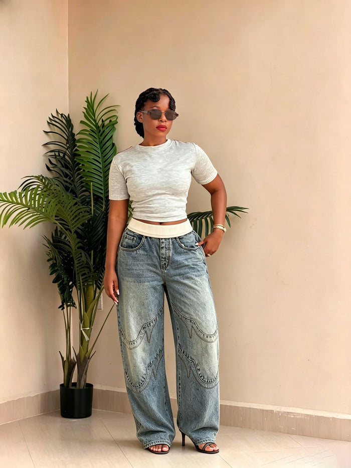 Plus Size Ribbed Waist Straight Jeans GYLN 9167