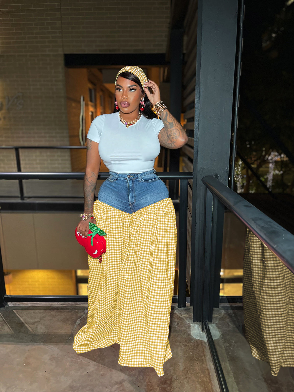 Denim Patchwork Plaid Loose Wide Leg Pants SFY 737