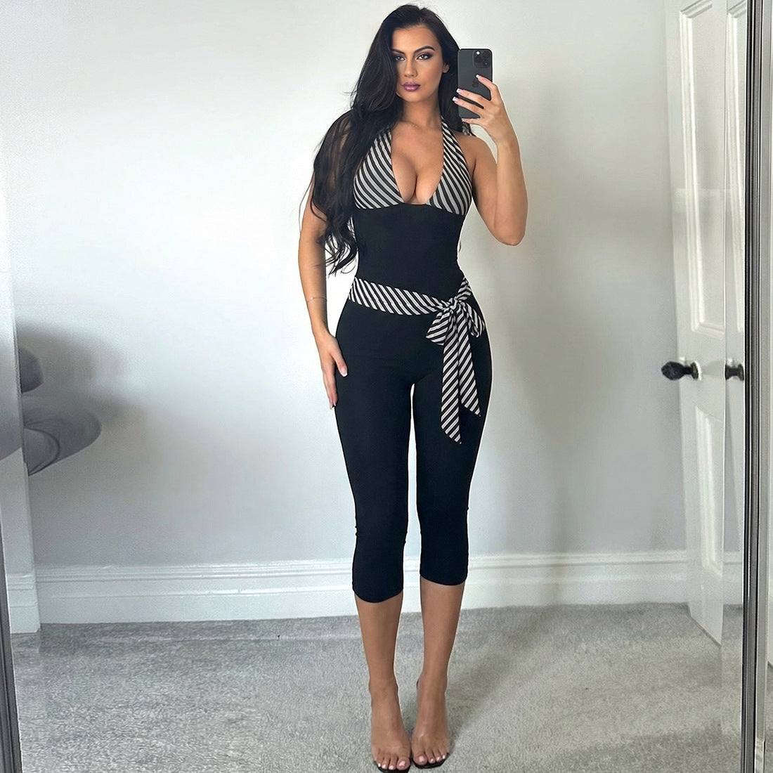 V Neck Patchwork Halterneck Tie Up Seventh Jumpsuit GZJQ K6Q05199A