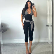 V Neck Patchwork Halterneck Tie Up Seventh Jumpsuit GZJQ K6Q05199A