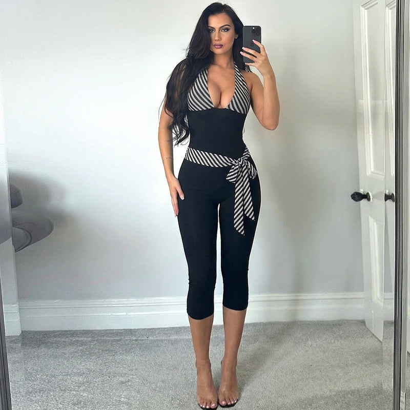 V Neck Patchwork Halterneck Tie Up Seventh Jumpsuit GZJQ K6Q05199A