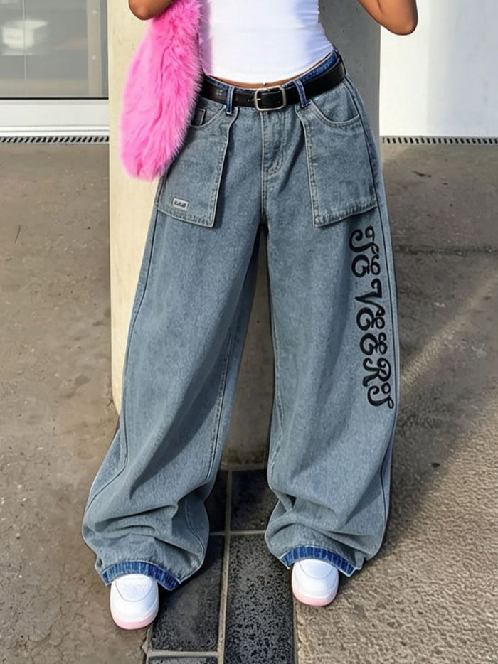 Plus Size Letter Embroidery Loose Jeans GYLN 0064