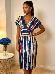 Plus Size Print Deep V Neck Midi Dress QMZF 18612