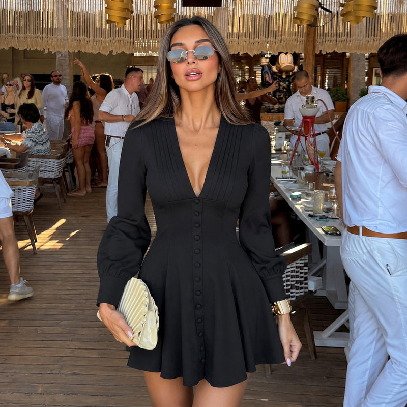 Deep V Neck Long Sleeve Mini Dress GPKJ MR49373