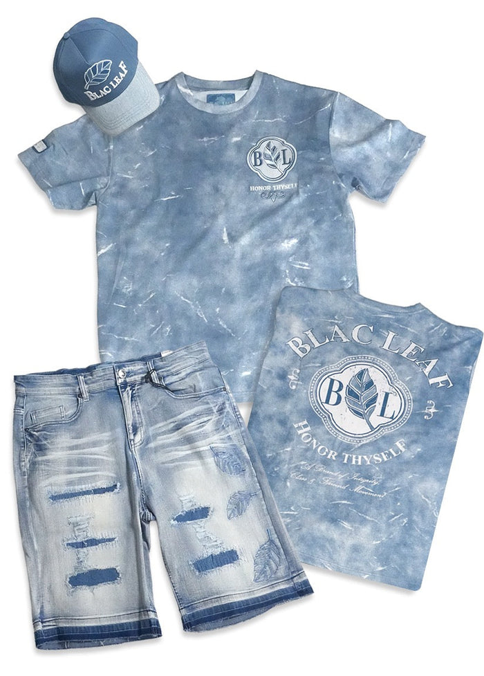 Honor Thyself Blue Shirt Denim Shorts and Trucker Hat Bundle