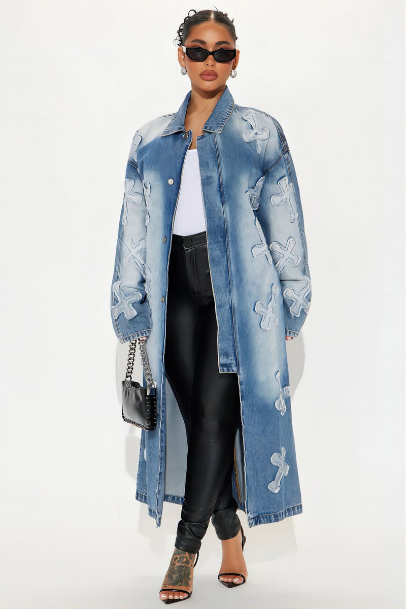 Fashion Denim Cross Embroidery Long Trench Coat LX 6033