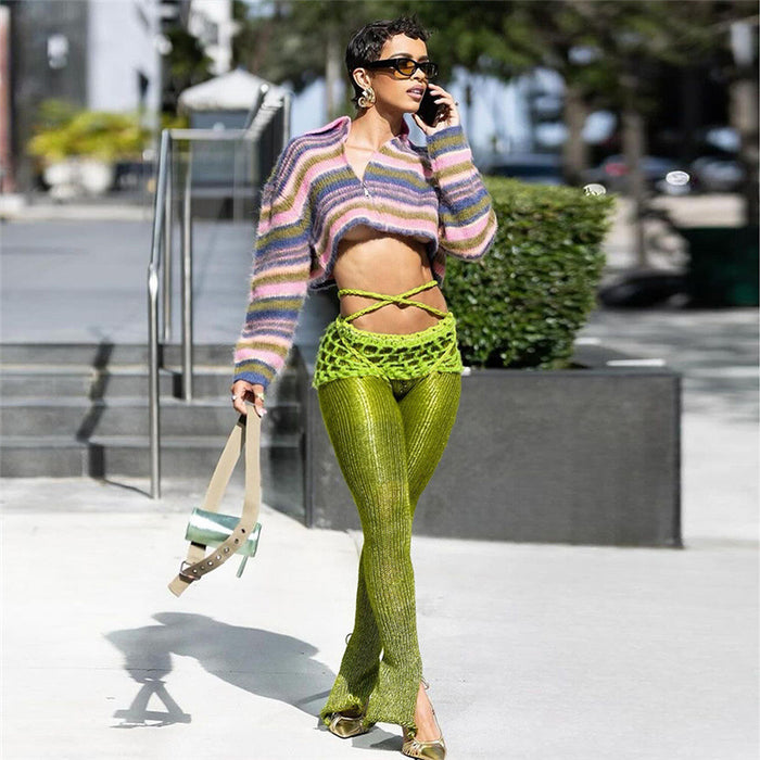Low Rise Tied Skinny Solid Color Knit Pants XEF 49097