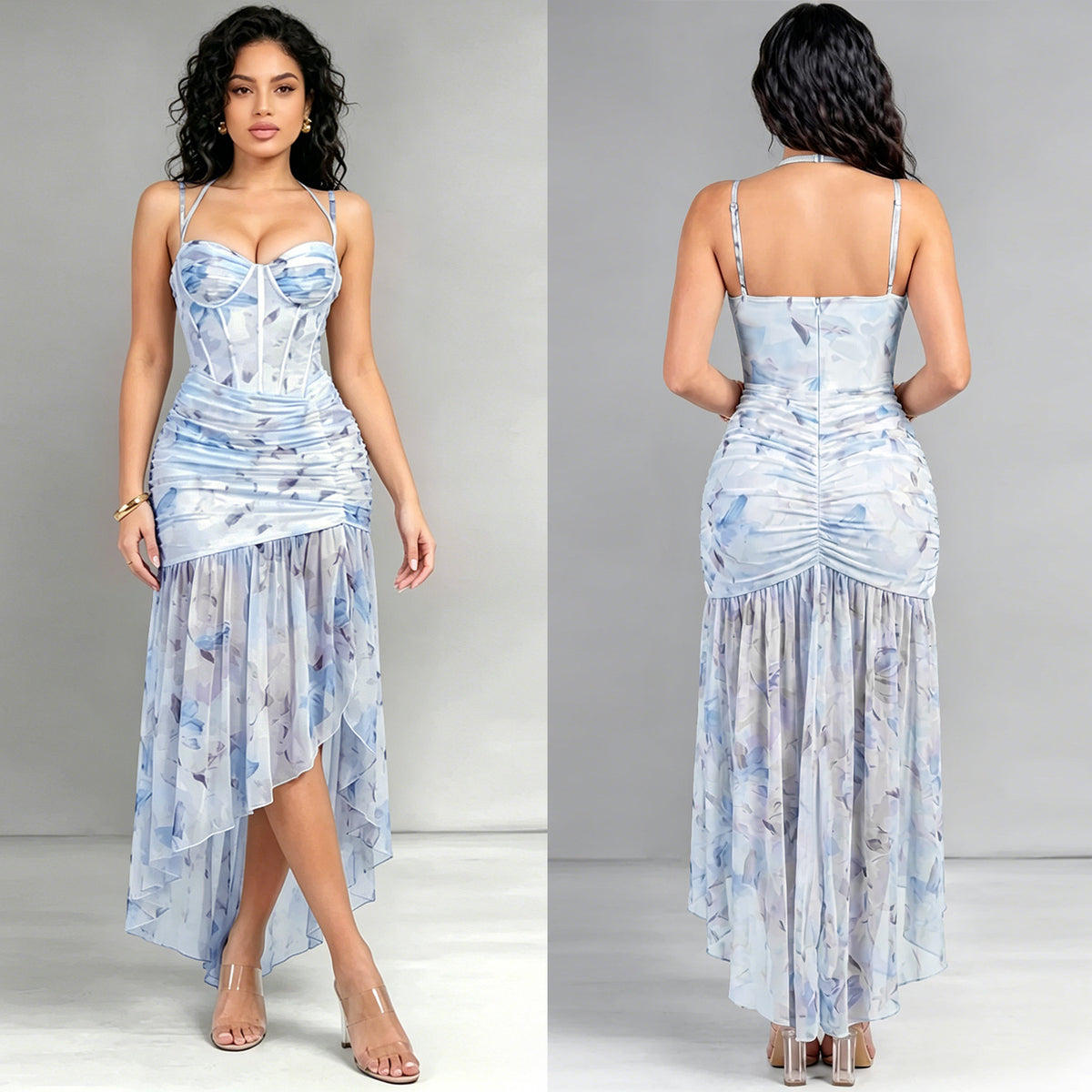 Floral Print Halterneck Mesh Evening Dress BY 7753