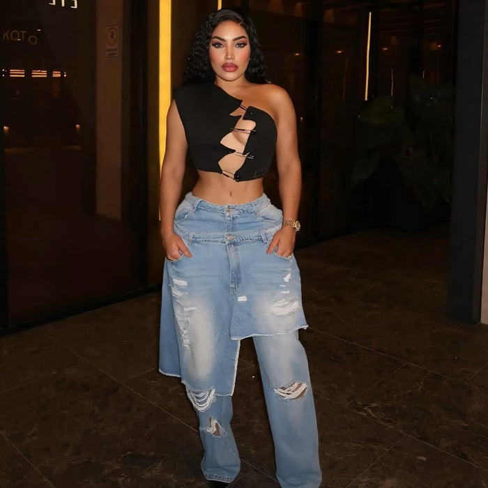 Fashion Apron Ripped Straight Leg Jeans MEM 88661
