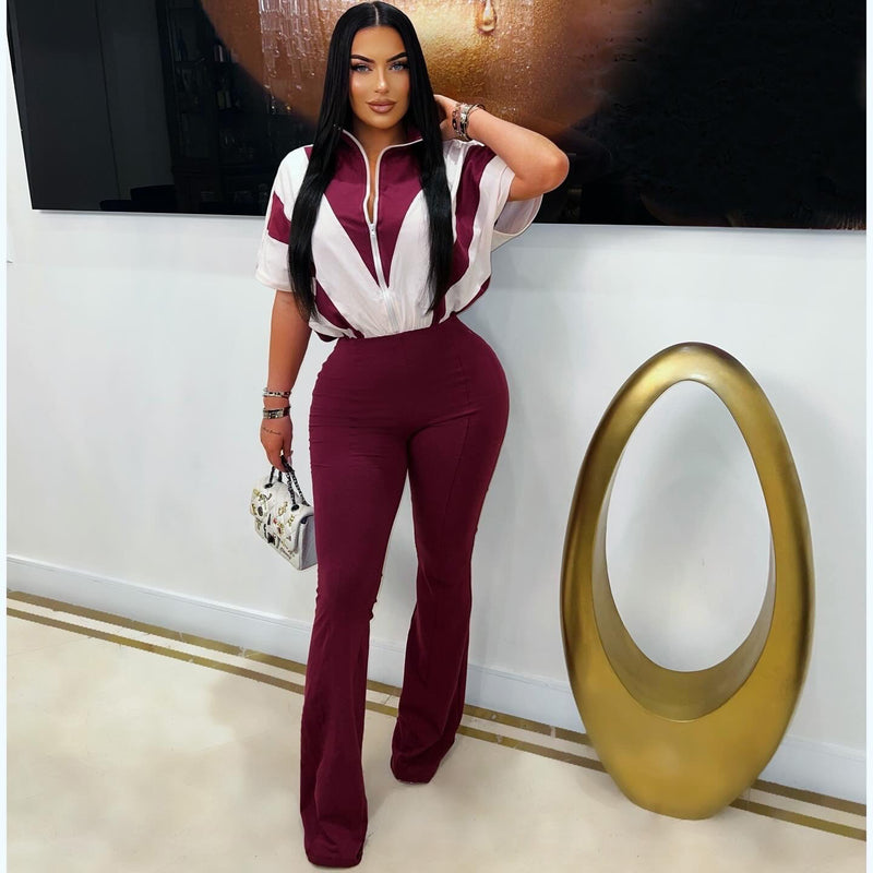 Lapel Zipper Patchwork Flare Jumpsuit TE 4737