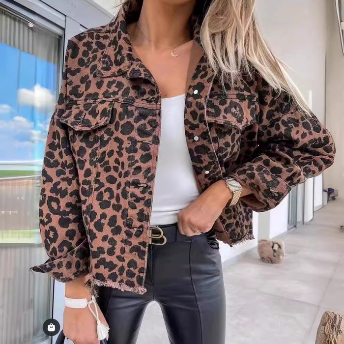 Leopard Print Long Sleeve Denim Tassel Jacket XCFF 5266