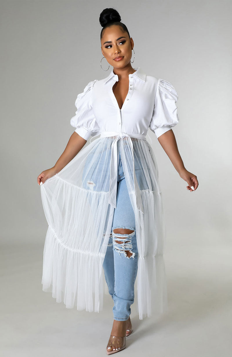 Mesh Patchwork Puff Sleeve Shirt XHXF 935