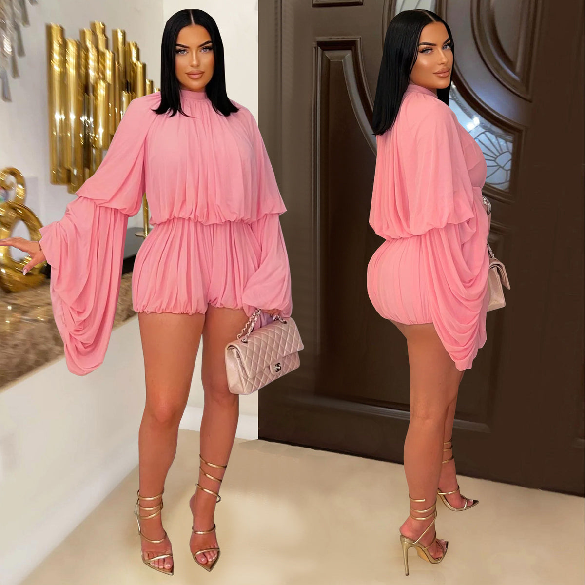 Press Pleated Solid Color Romper BY 7432