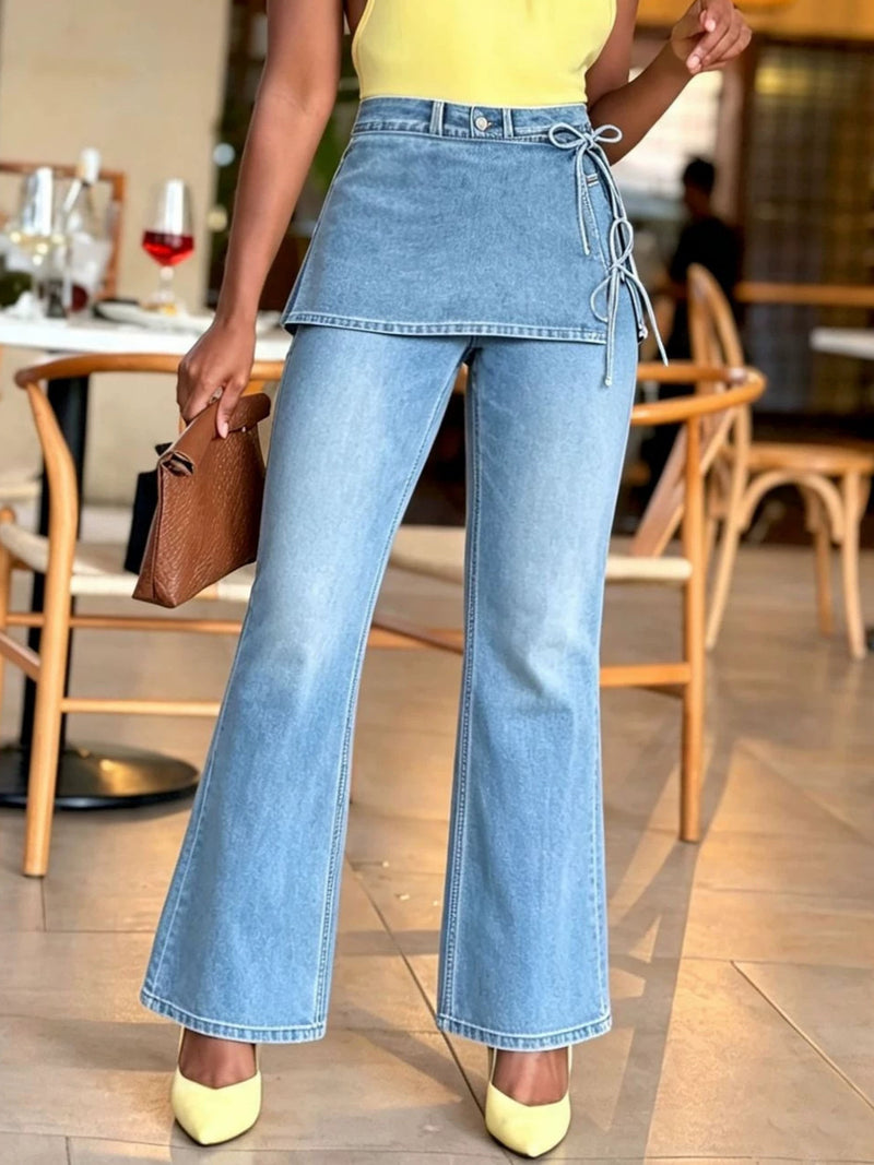 Plus Size Stacked Lace Up Bow Micro Flared Jeans GYLN 6722