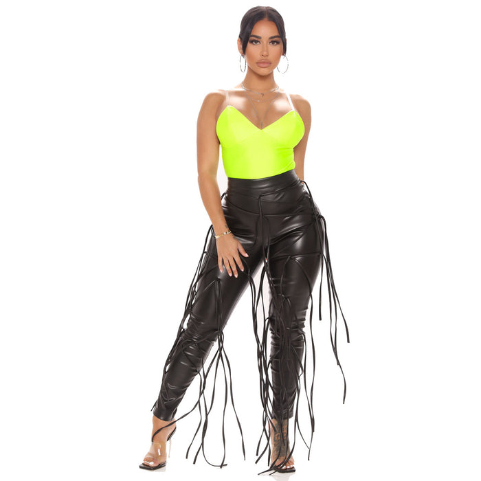 Casual Tie Up PU Leather Pants GYOM K8707