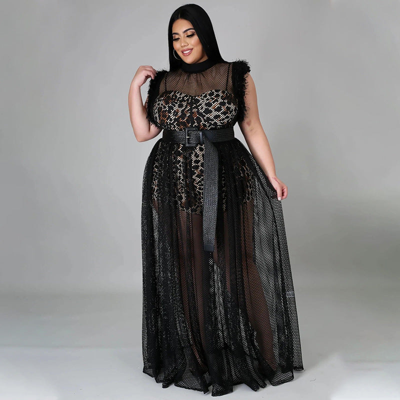 Plus Size Sleeveless Romper Mesh Dress 2 Piece Set NNWF 7135