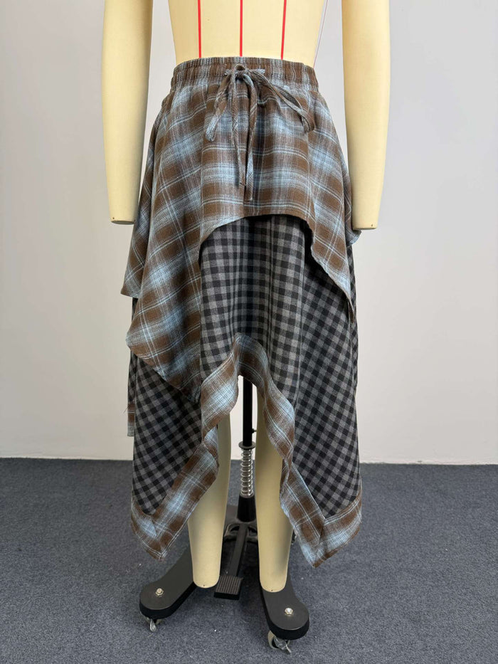 Plaid Print Patchwork Irregular Long Skirt GCNE 75279