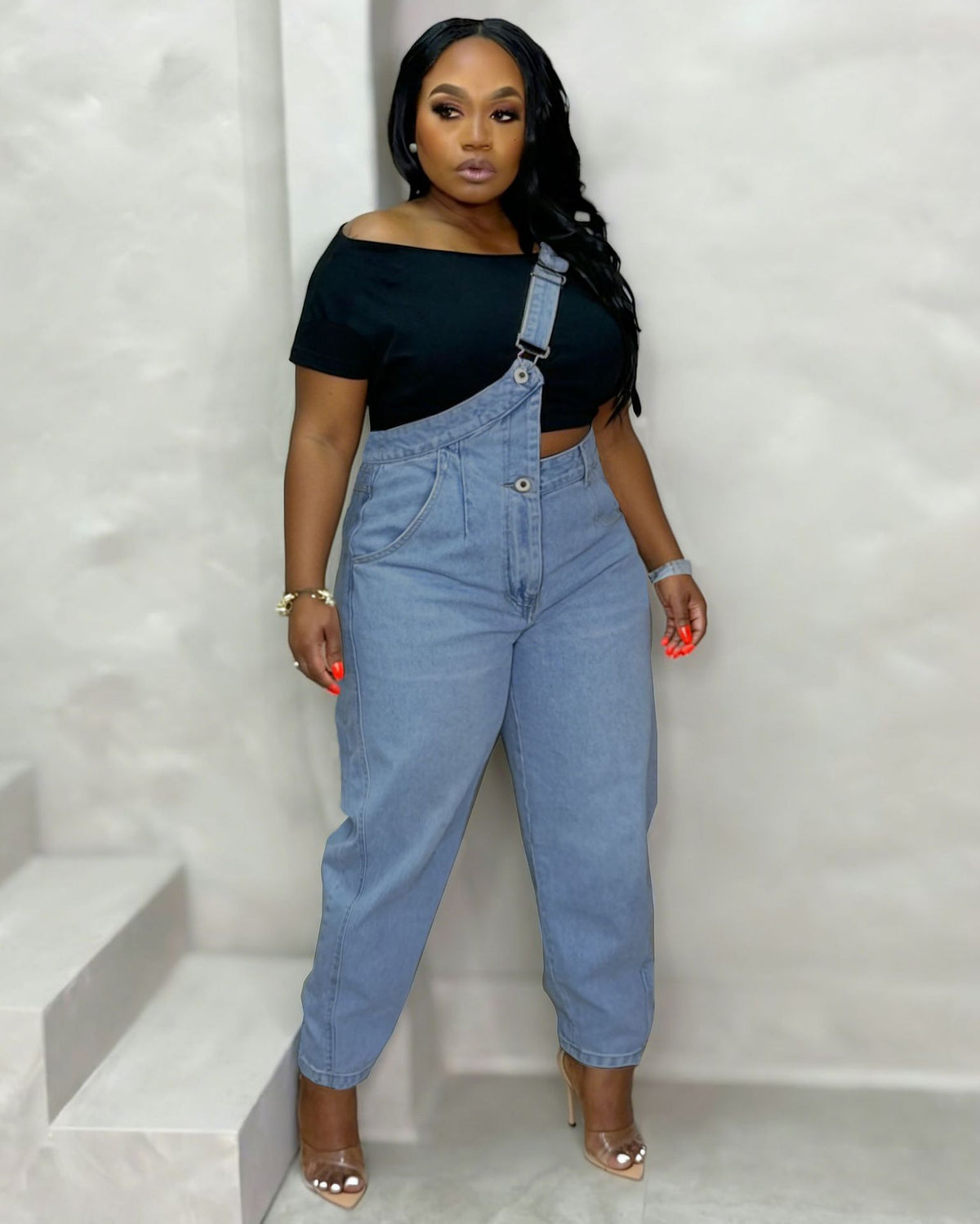 Plus Size Irregular Single Shoulder Denim Jumpsuit GYLN 8368