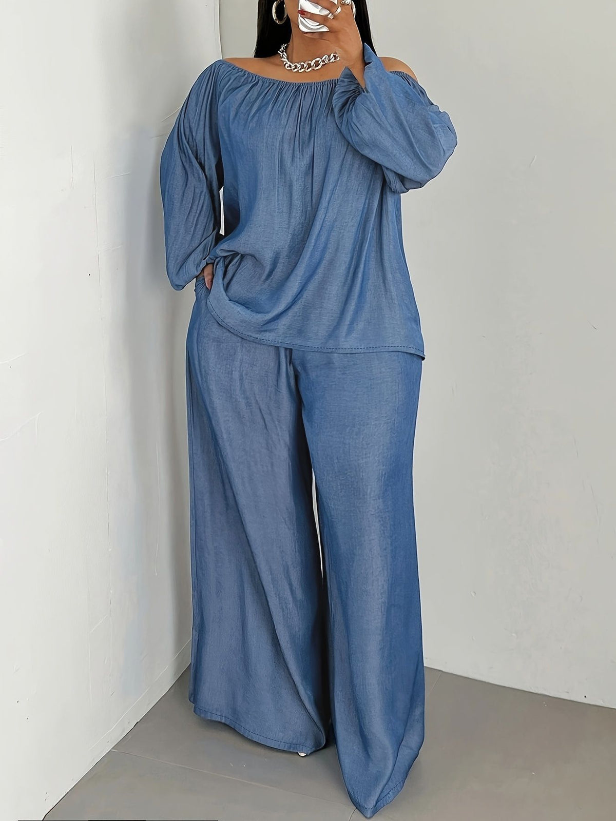 Plus Size Long Sleeve Ruched Two Piece Pants Set QMZF 1103