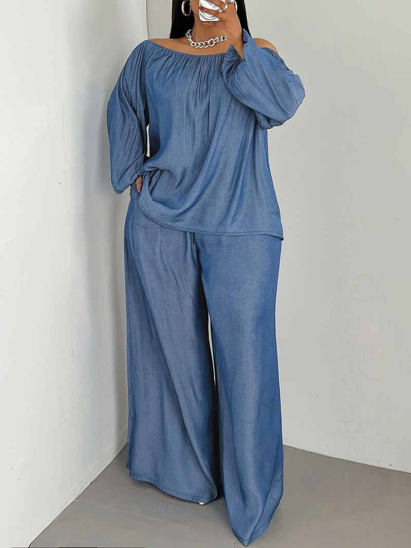Plus Size Long Sleeve Ruched Two Piece Pants Set QMZF 1103