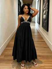 V Neck Halterneck Shell Tassel Maxi Dress GADE 11431