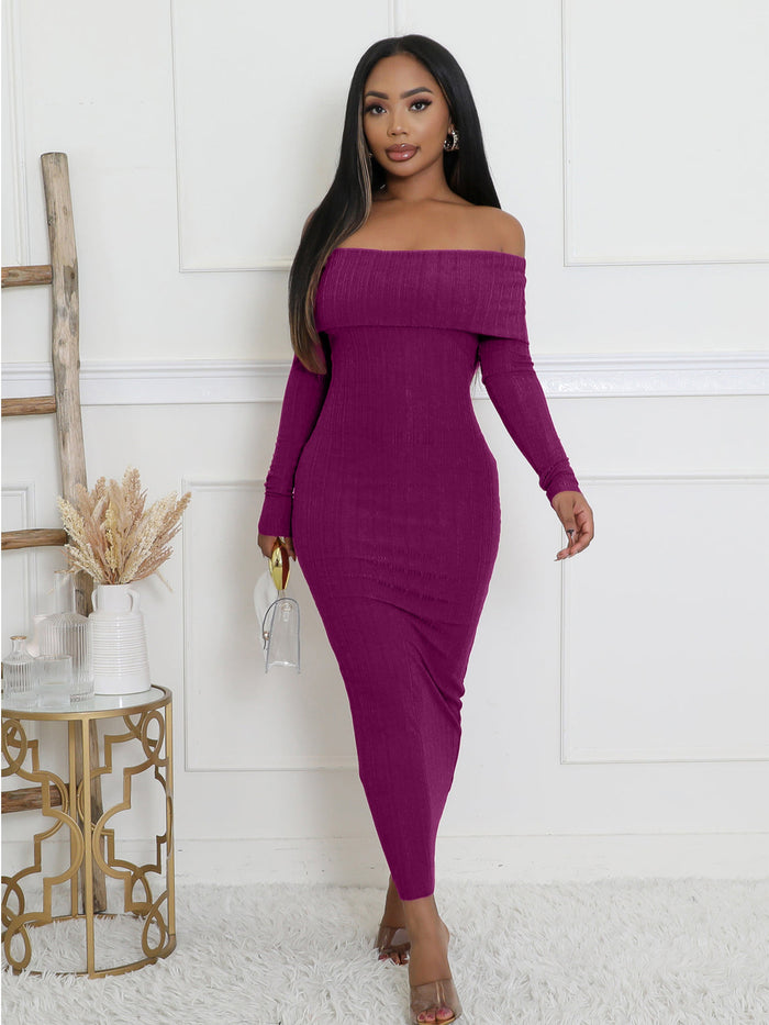 Off Shoulder Long Sleeve Bodycon Dress QYMF 3082