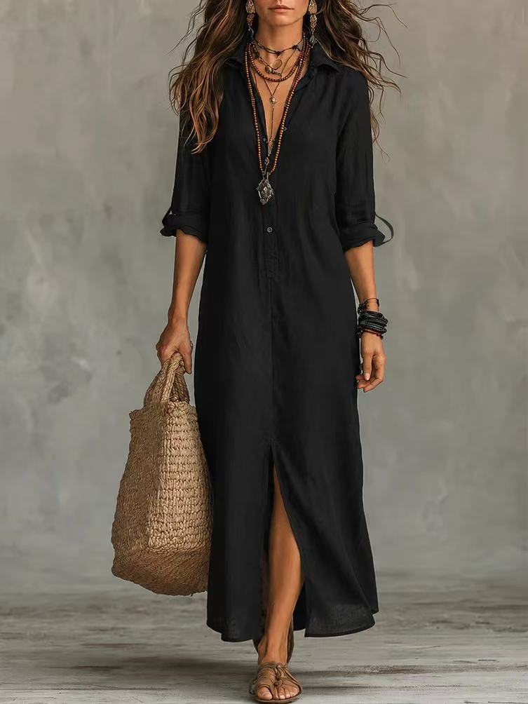 Short Sleeve Lapel Split Maxi Dress GWDS 260718