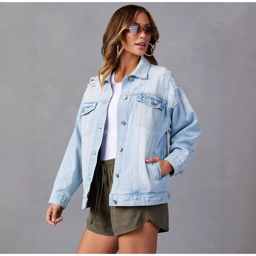 Light Blue Long Sleeve Denim Jackets GKNF TSQ 158