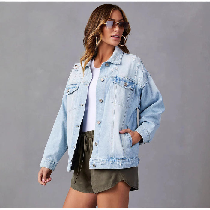 Light Blue Long Sleeve Denim Jackets GKNF TSQ 158