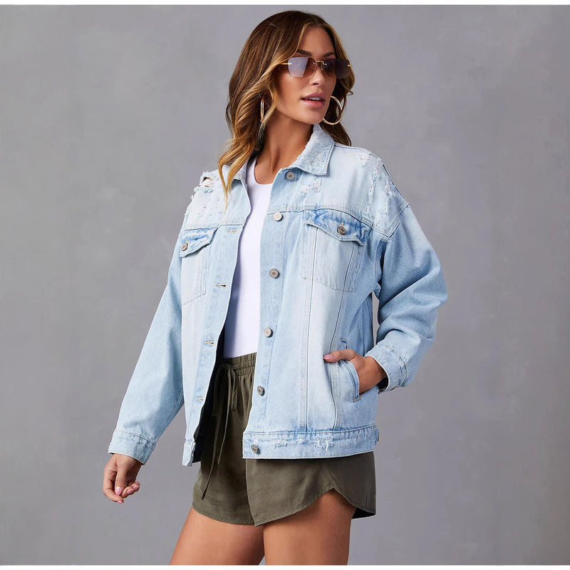 Light Blue Long Sleeve Denim Jackets GKNF TSQ 158