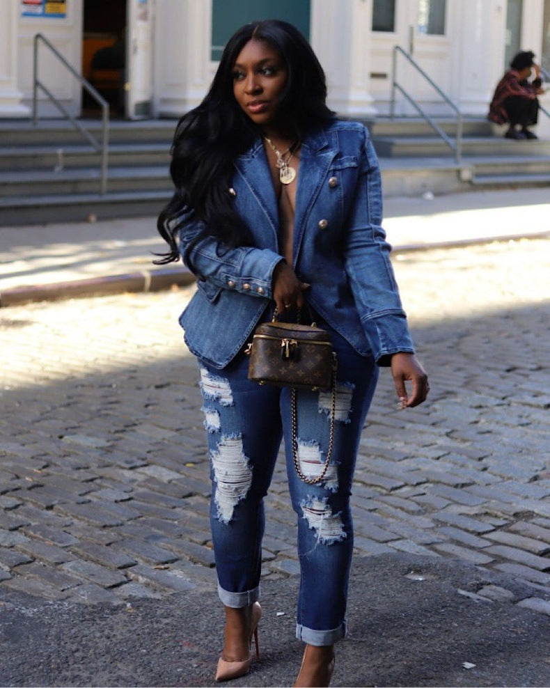 Fashion Double Breasted Denim Jacket Coats ZSD 0614