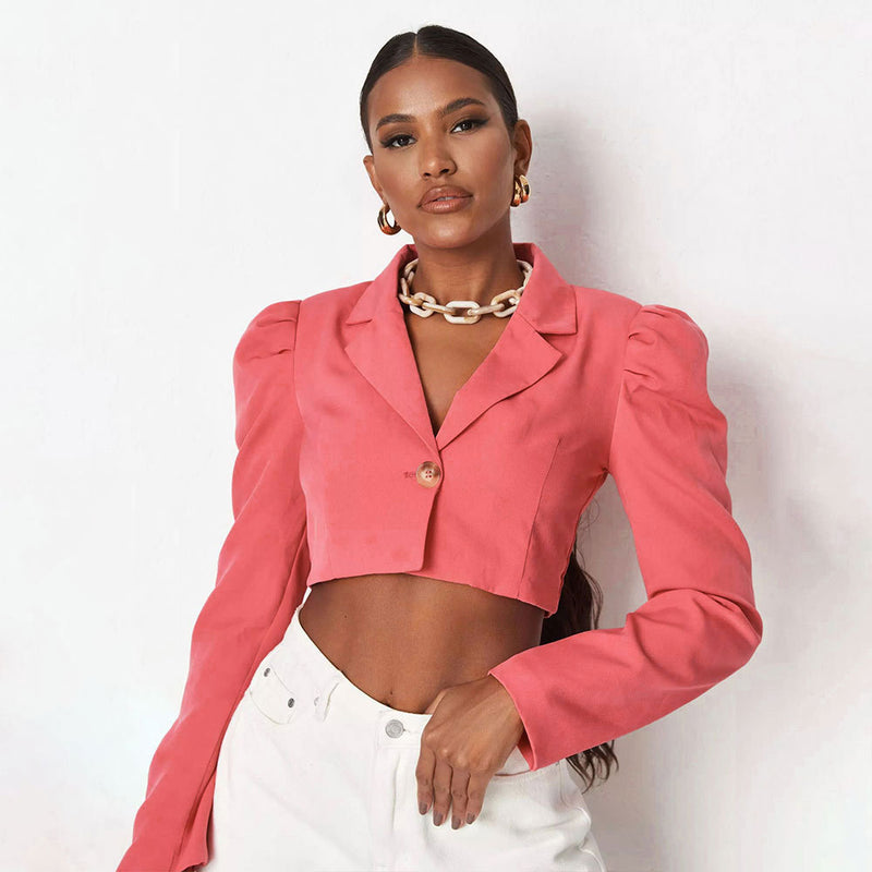 Solid Full Puff Sleeve Short Blazer Coat SH 390194