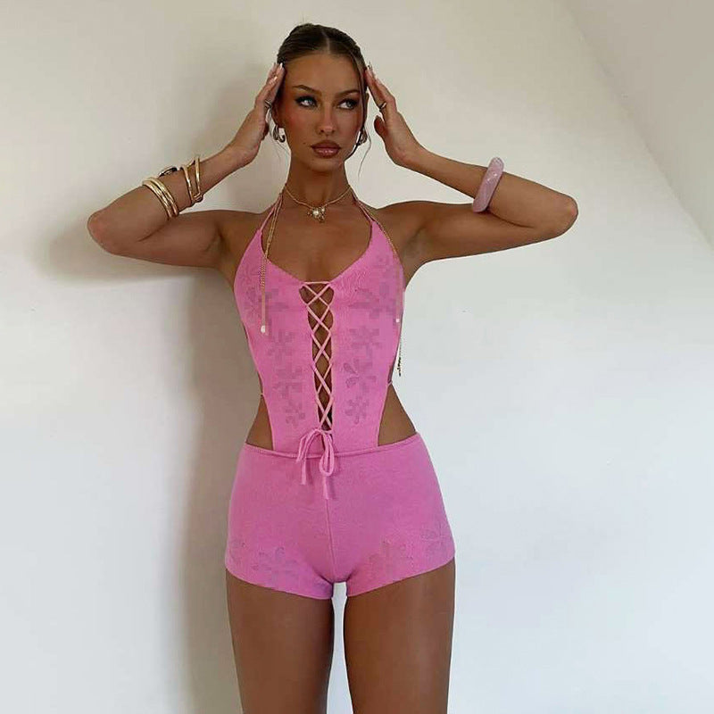 Hollow Out Solid Color Backless Romper GYME W25Q67401