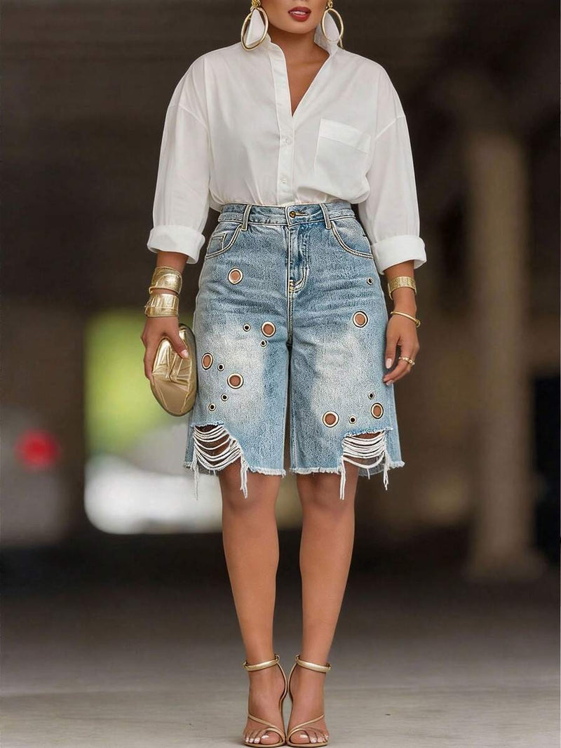 Casual Print Holes Denim Fifth Pants OD 8780