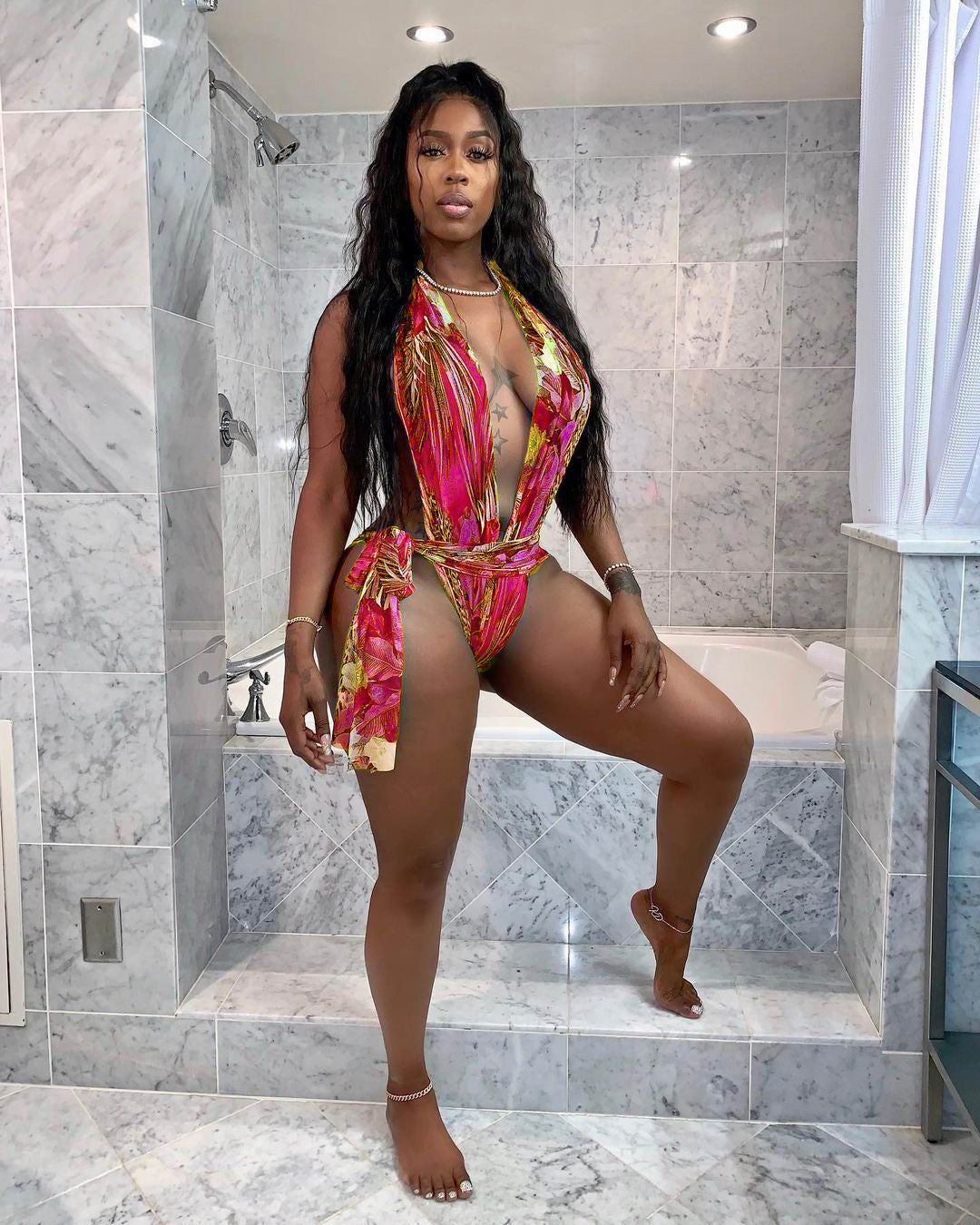 Sexy Floral Print Deep V One Piece Swimsuit MDF 5214