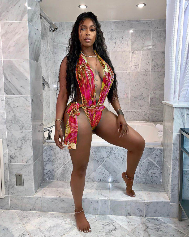 Sexy Floral Print Deep V One Piece Swimsuit MDF 5214