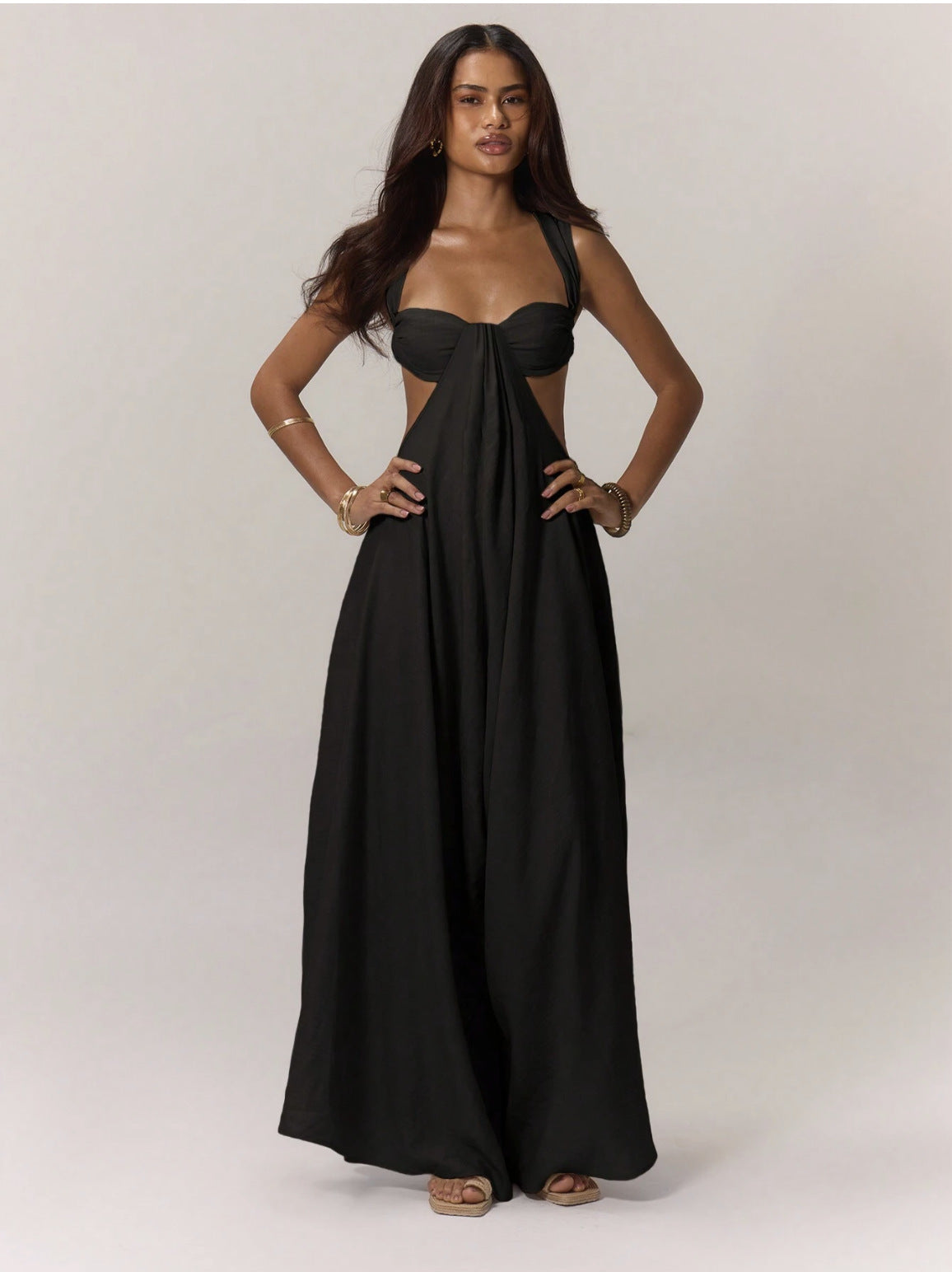 Solid Color Halterneck Tie Up Loose Jumpsuit GQLK KG1173
