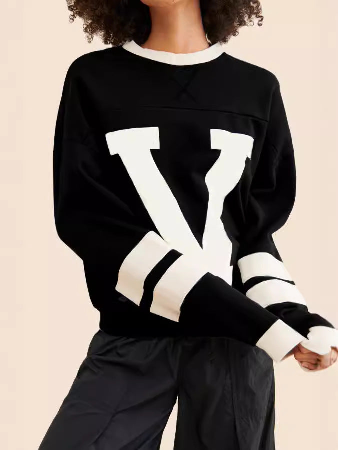 Color Block Letter Print Knits Sweatshirt GWDS 0403