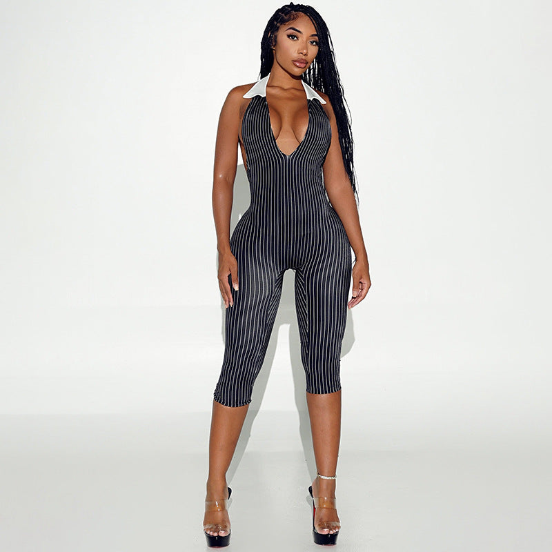 Stripe Printed Backless Seventh Jumpsuit MXBF J26JP347